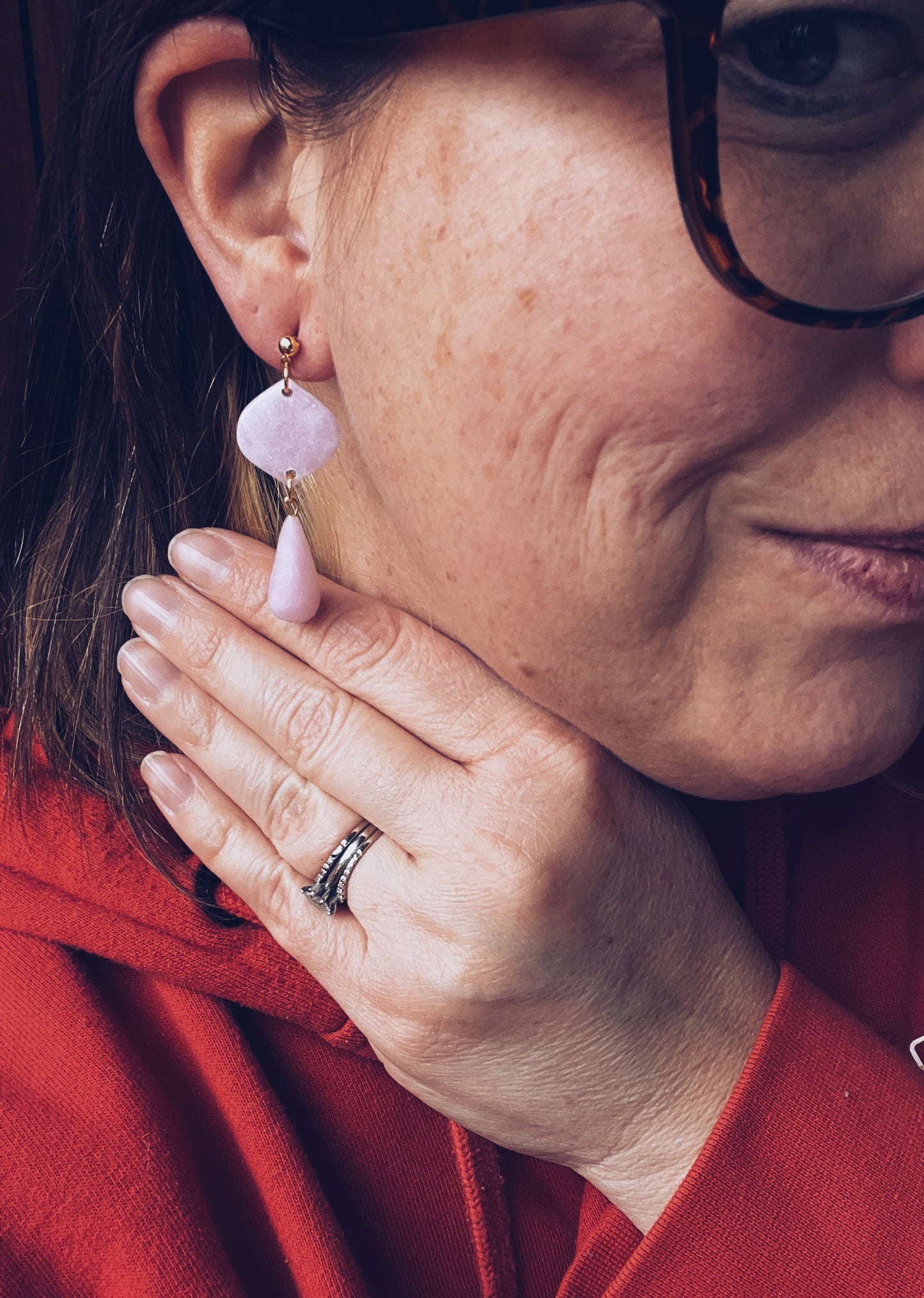 The Petal Drop Earring in faux rose quartz
