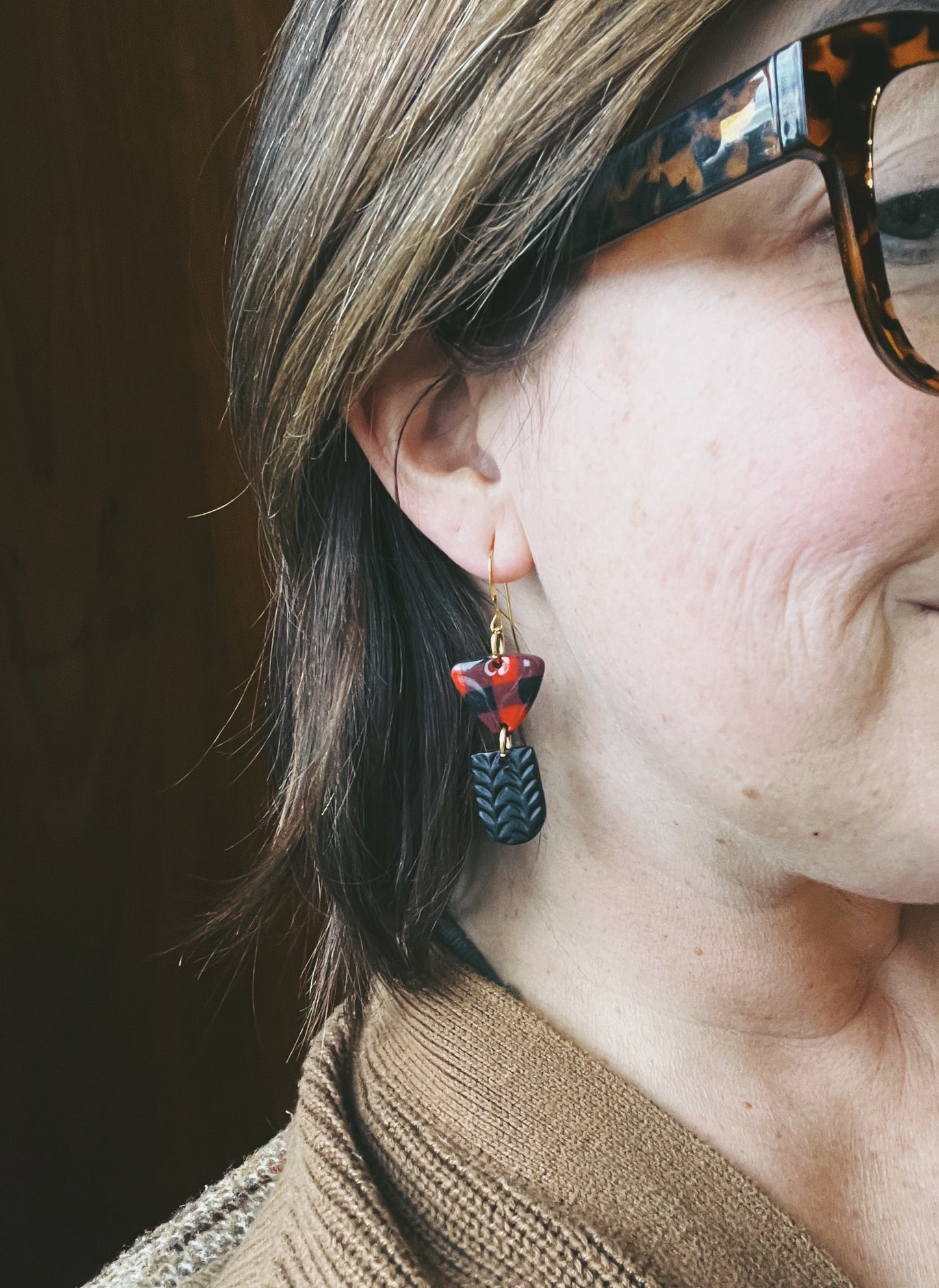 The Darci Earring in red and black buffalo check