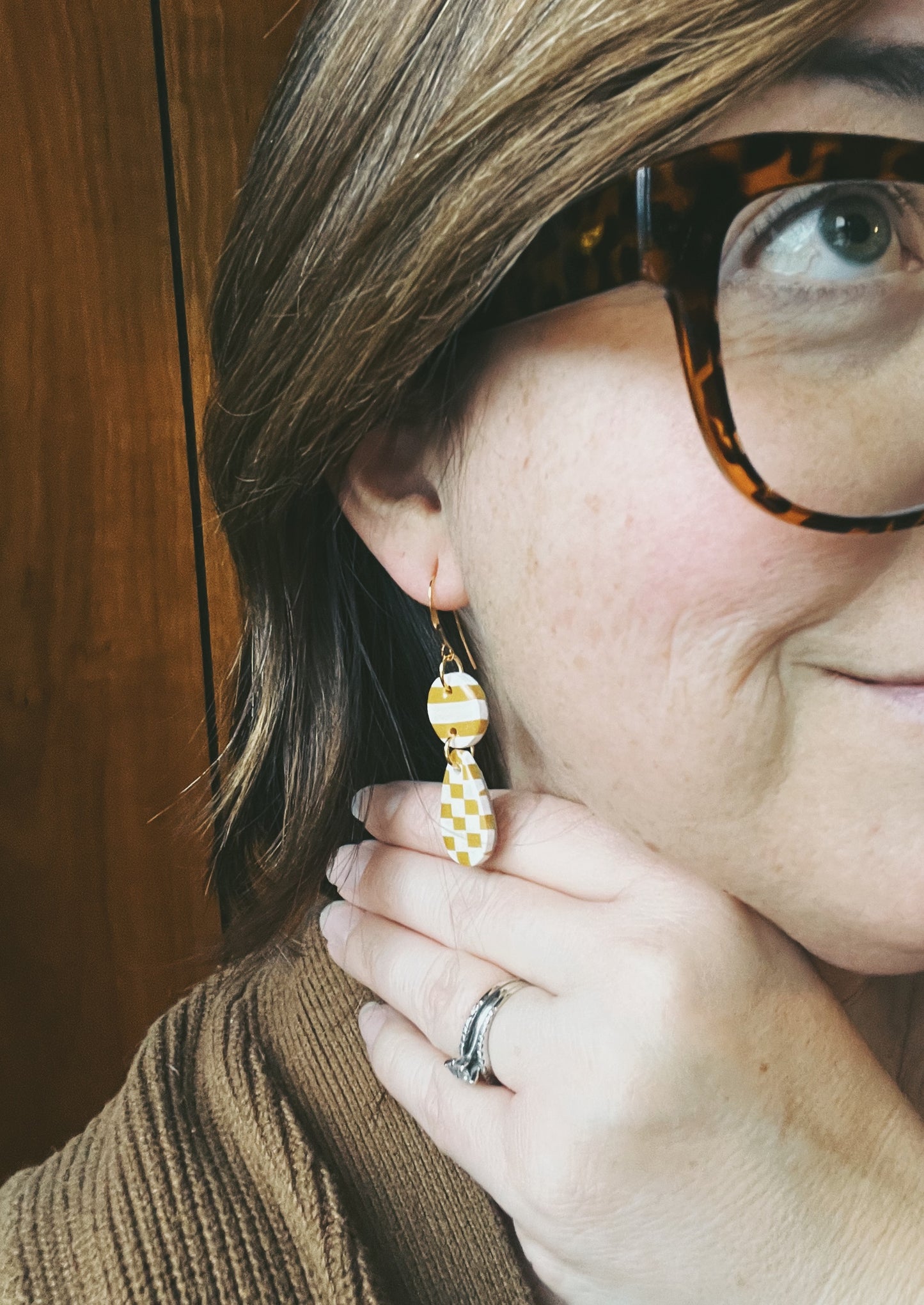 The Poppy Earring in mustard and cream